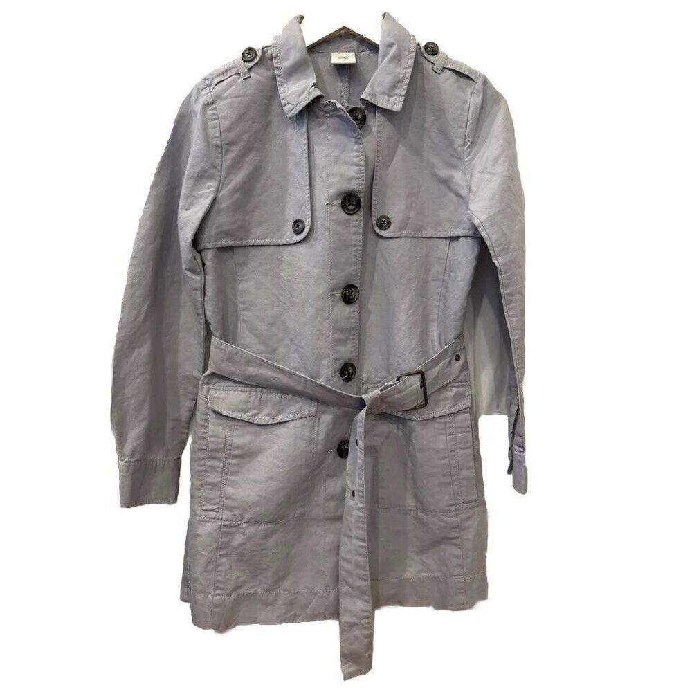 EUC‎ CAbi Blue/Gray Button Front Belted Tanner Trench Coat Womens Small